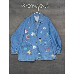 Blue-Eyed Bear Linen Denim Jacket Christmas Jean Coat Hand Painted Size L/XL